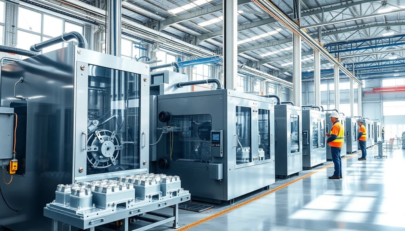 Dynamic scene of aluminum die casting Malaysia showcasing modern machinery and skilled workers in action.