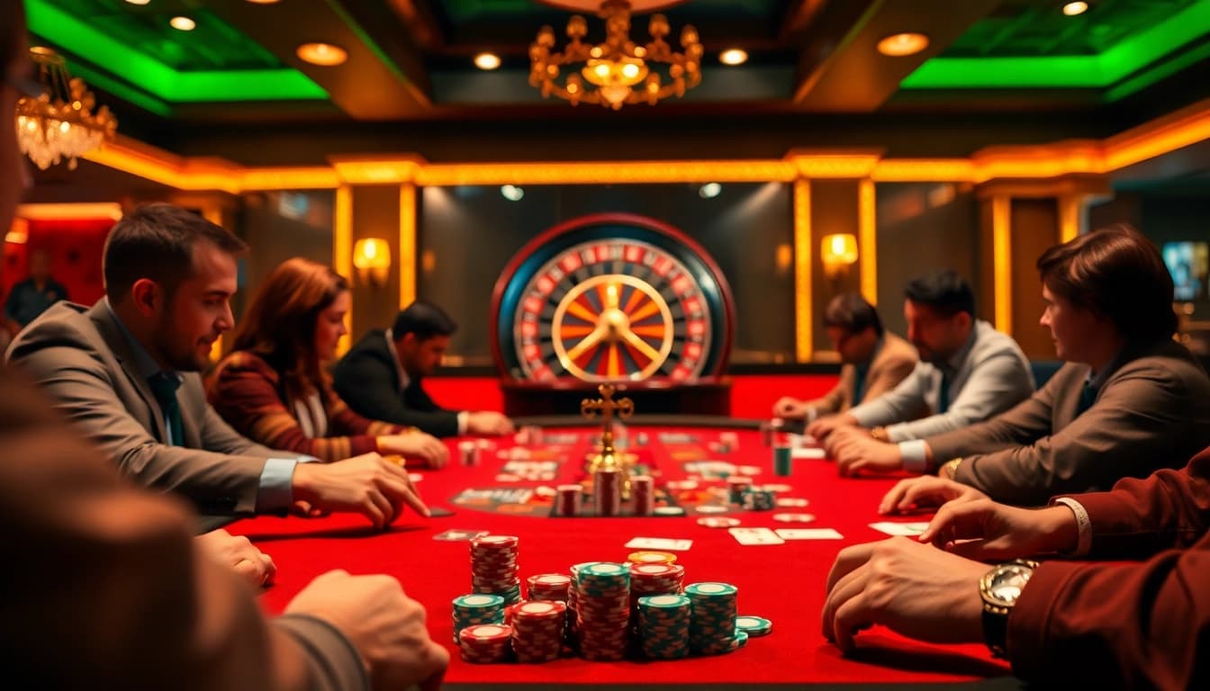 Casino Pay N Play experience captured as players revel at a poker table with colorful chips and cards.