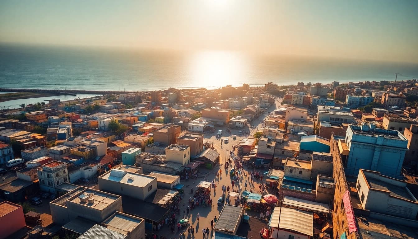 Aerial view of Mogadishu km square showing its vibrant urban life and coastal landscape.