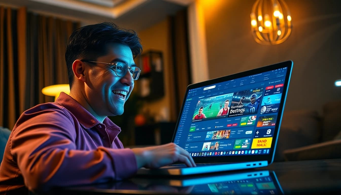 Experience the excitement of online betting at https://fb88nn.com/ with a vibrant sports scene displayed on a laptop.
