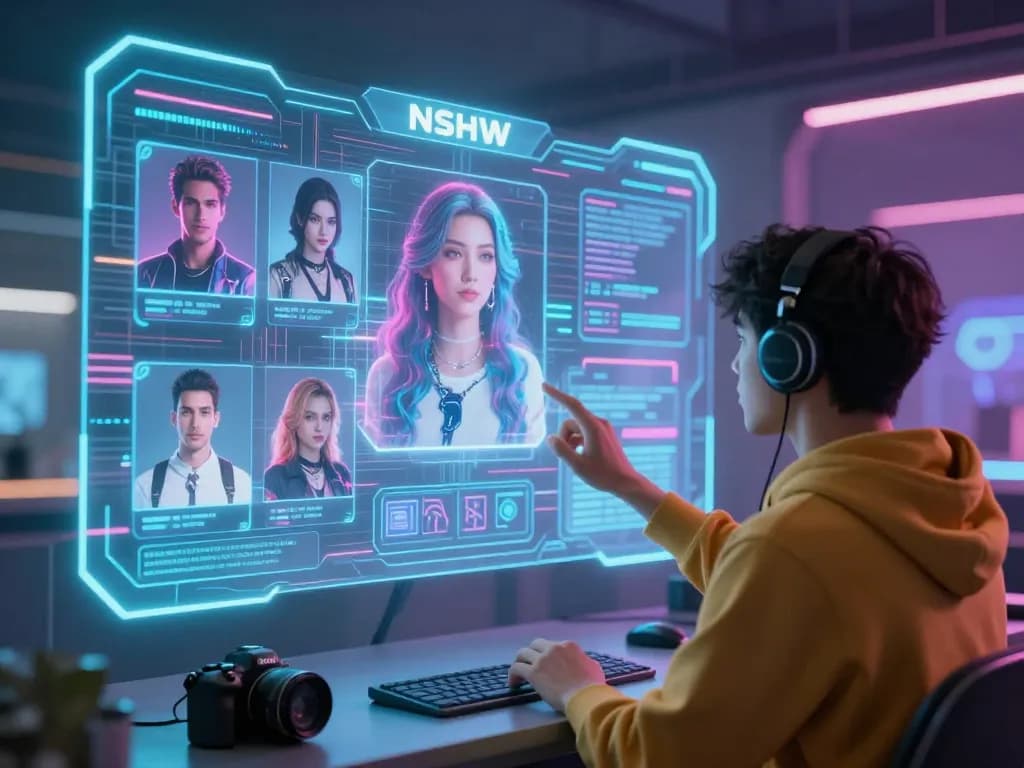 Interactive NSFW character AI screen showcasing diverse avatars amid a futuristic digital landscape.