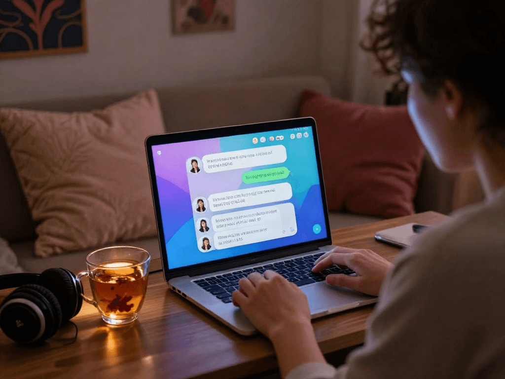 Engaging in a porn ai chat with a cozy atmosphere, showcasing technology and personal connection.