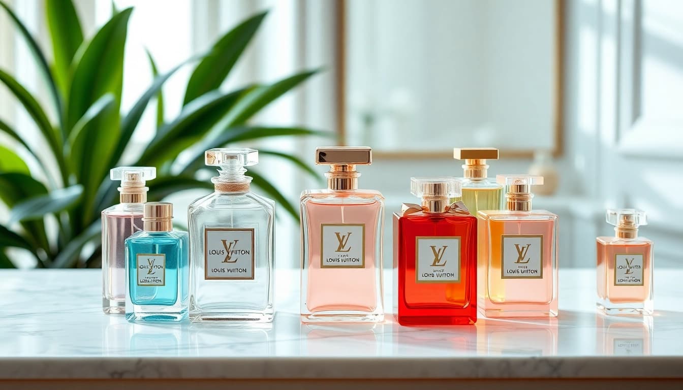 Showcasing elegant bottles of Louis Vuitton perfume dupes on a marble vanity.