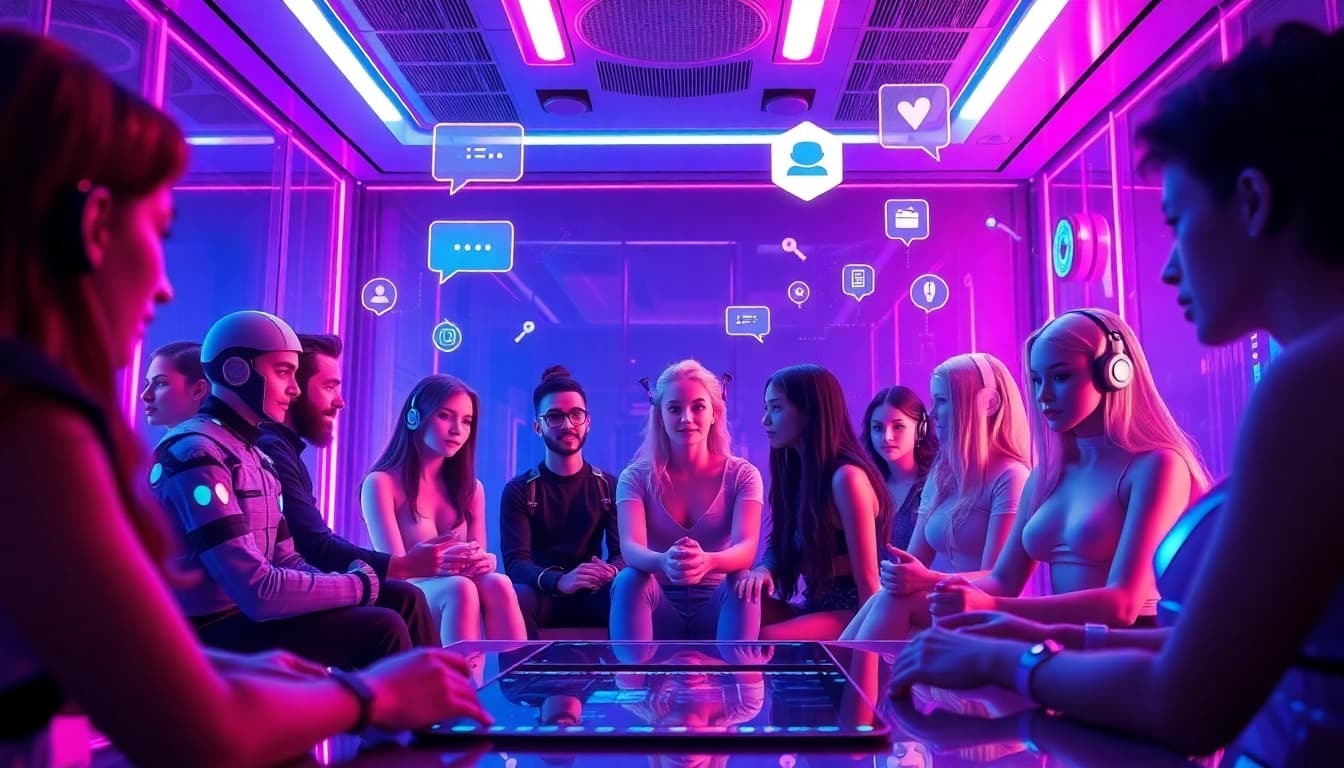 Engaging scene of free ai porn chat with diverse AI characters in a vibrant digital chatroom environment.