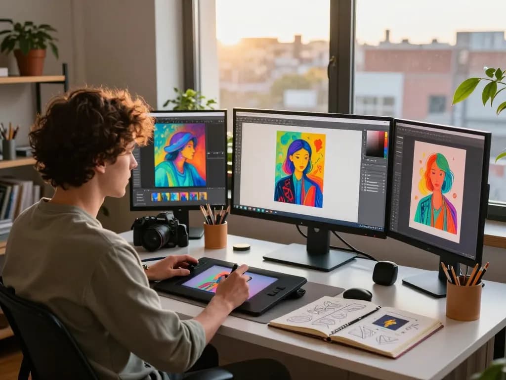 AI artist using image to prompt tool in a vibrant creative workspace