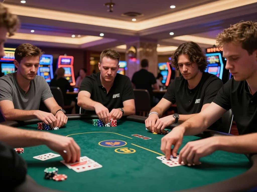Rikvip players excitedly managing their poker hands in a vibrant casino atmosphere.