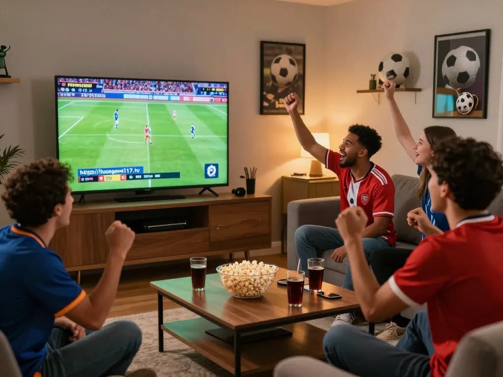 Fans celebrating a live sports event from https://luongson117.tv/ in a vibrant living room.