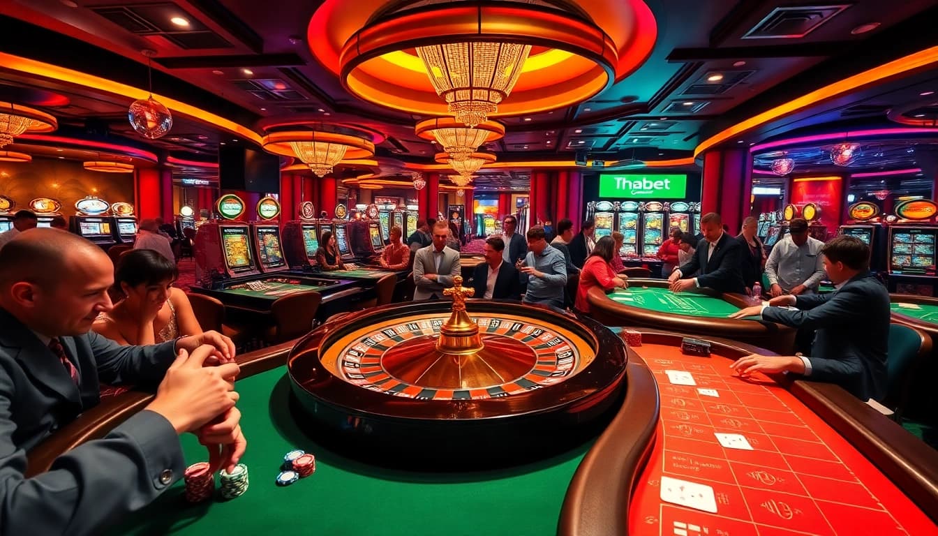 Thabet casino scene with players at roulette and poker tables, showcasing excitement in gambling.