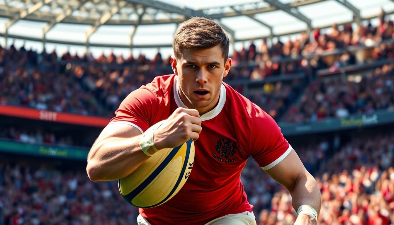 Owen Farrell displaying skill and focus on the rugby field during an intense match.