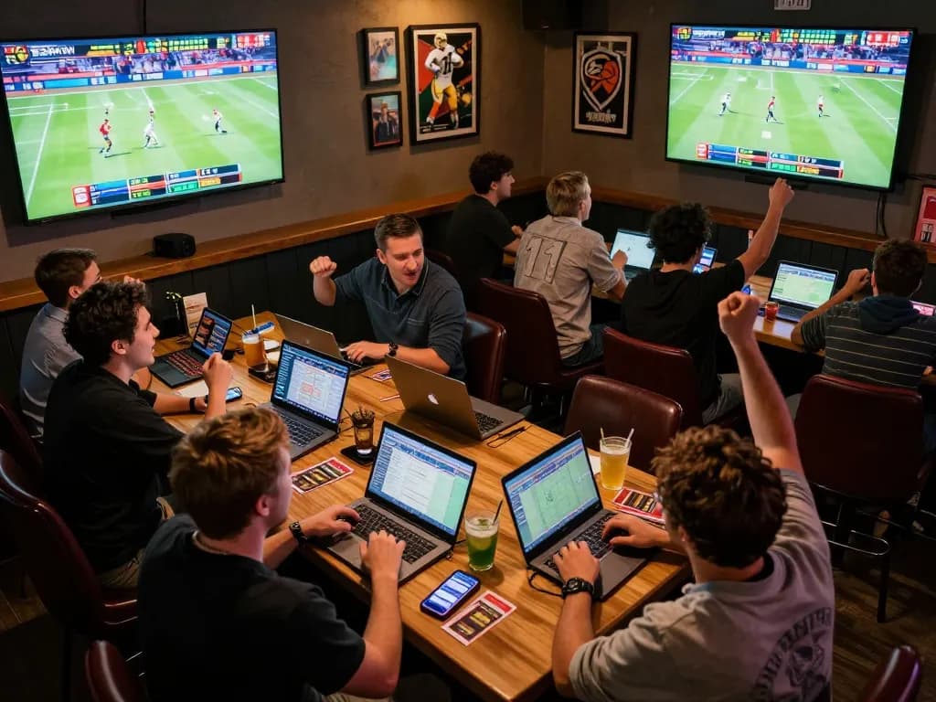 Friends passionately placing bets while enjoying the game at nhà cái open88 sports bar.