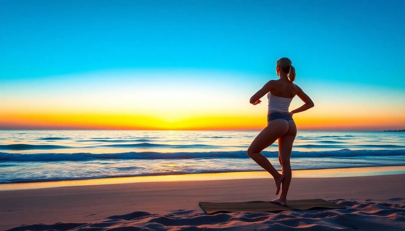 A serene beach scene depicting yoga practice, reflecting on Weight Loss and mindfulness.