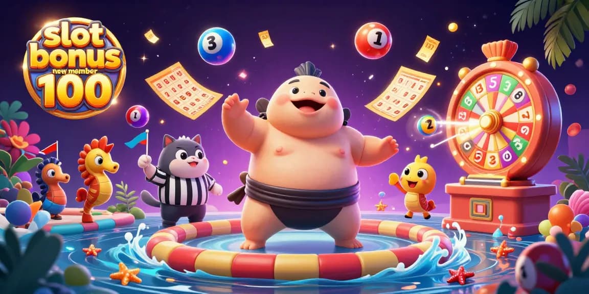 Slot bonus new member 100 menampilkan fugu kartun besar dan banyak elemen kasino dalam suasana menyenangkan.