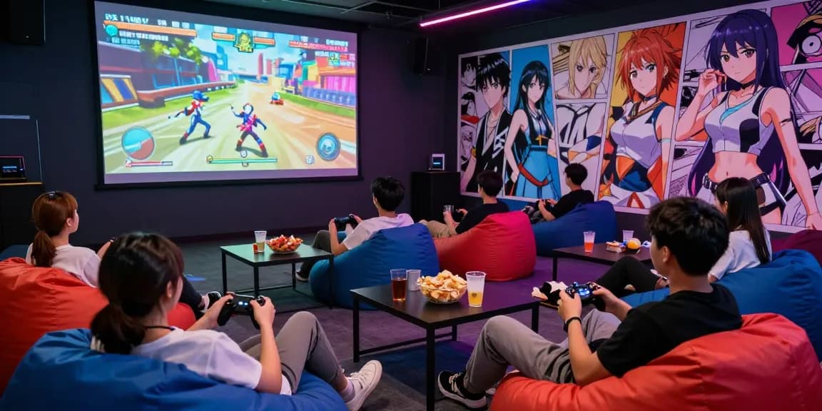 Engaging scene featuring players enjoying a hentai game in a vibrant gaming environment with animated visuals and manga decor.