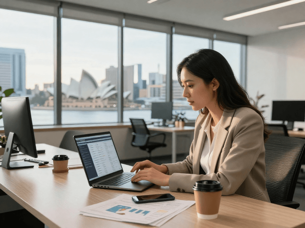 Property management fees Sydney overview with an agent reviewing listings in a bright office.