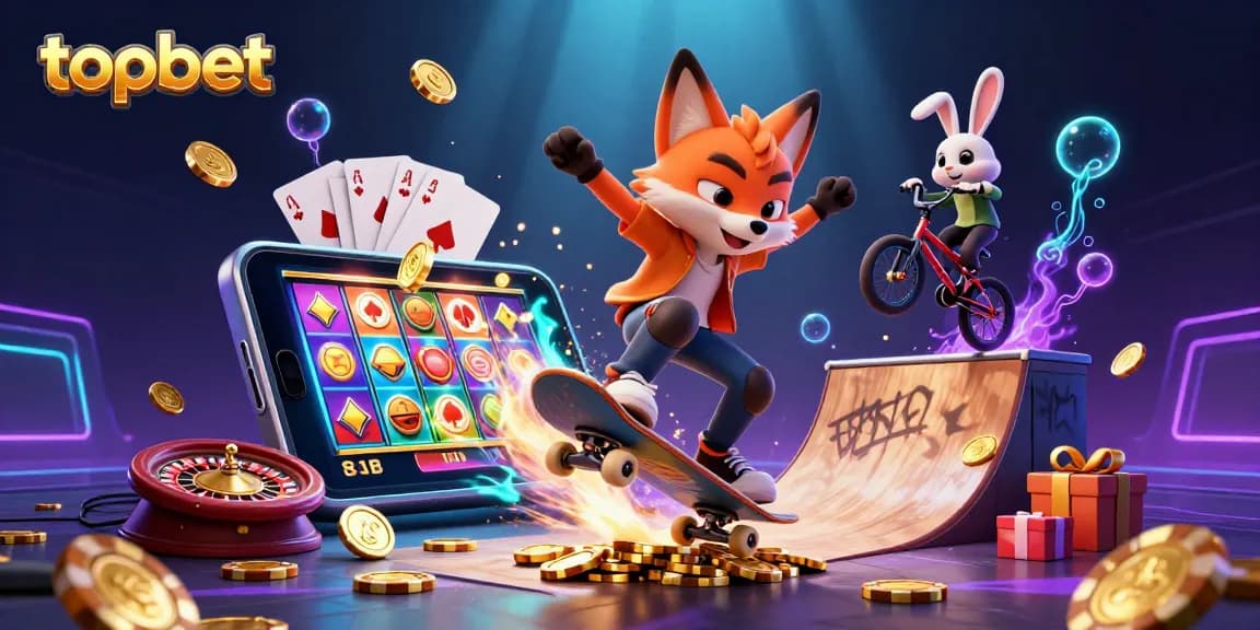Engage with topbet's vibrant casino atmosphere, featuring a lively 3D illustration of a skateboarder fox and BMX-riding rabbit amidst casino-themed elements.