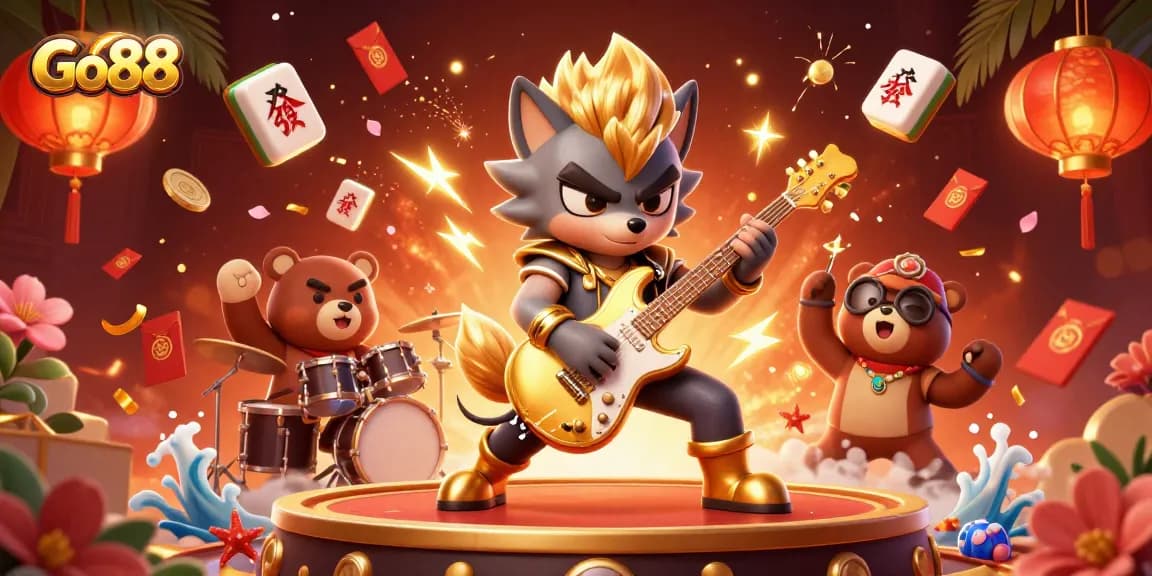 Experience the thrill of Go88 with a dynamic casino scene featuring vibrant characters and gaming elements.
