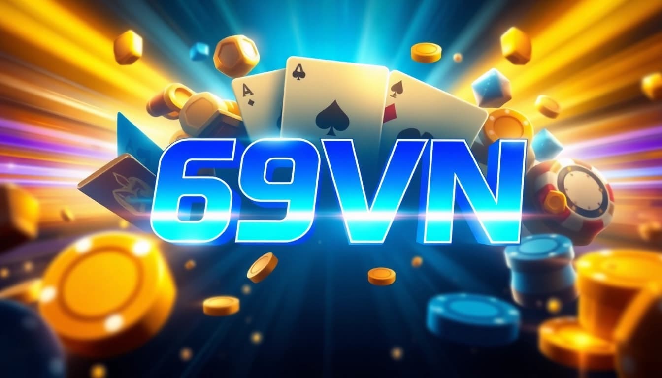 A bold logo of 69VN, incorporating dice, cards, and sports elements to signify dynamic gaming.