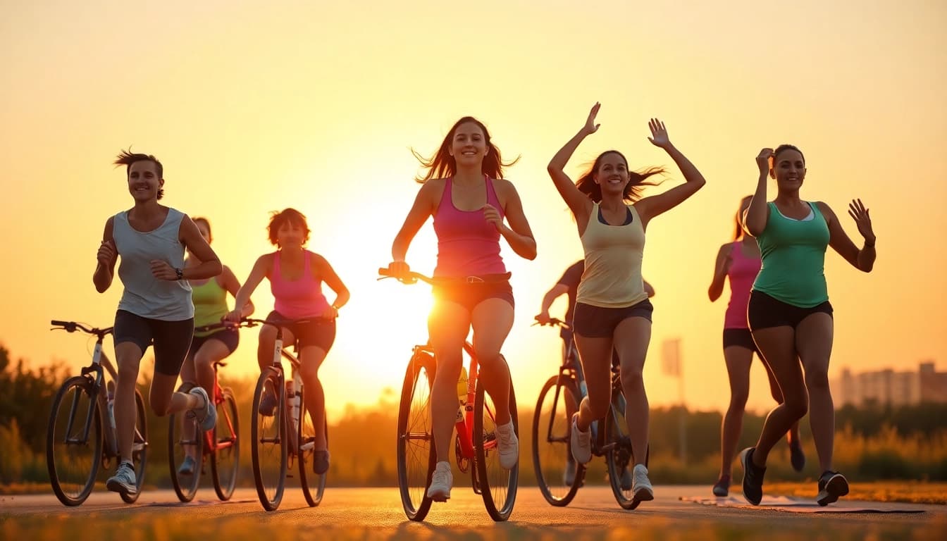 Inspiring outdoor exercise scene promoting healthy weight loss through diverse physical activities.