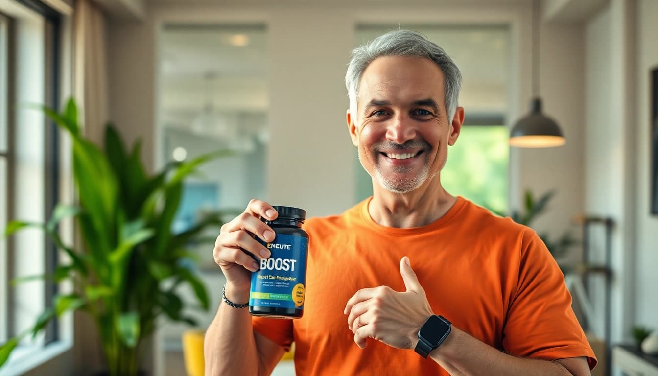 Pura Boost energizes men’s vitality and confidence, illustrated by a middle-aged man celebrating health in a bright home setting.
