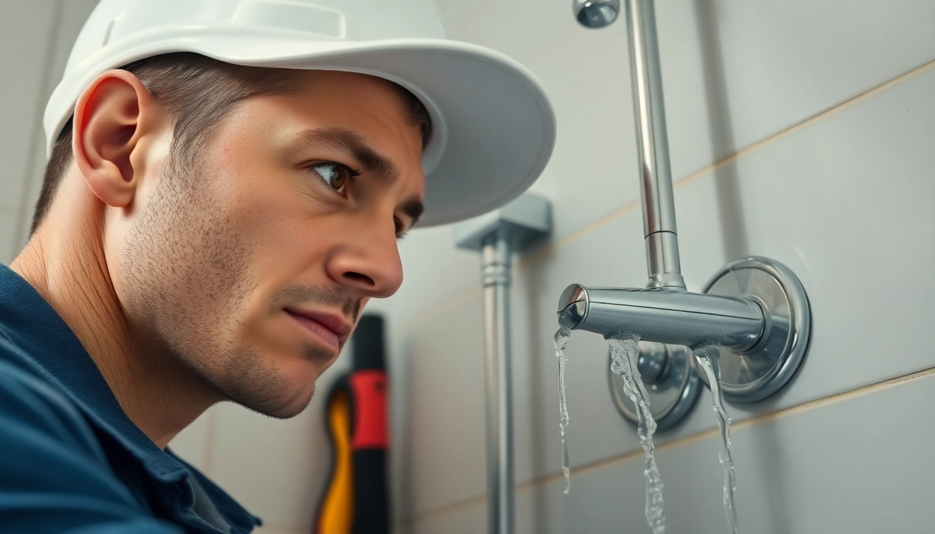 Plumber diagnosing shower not working issue, focusing on plumbing repairs in bright bathroom.