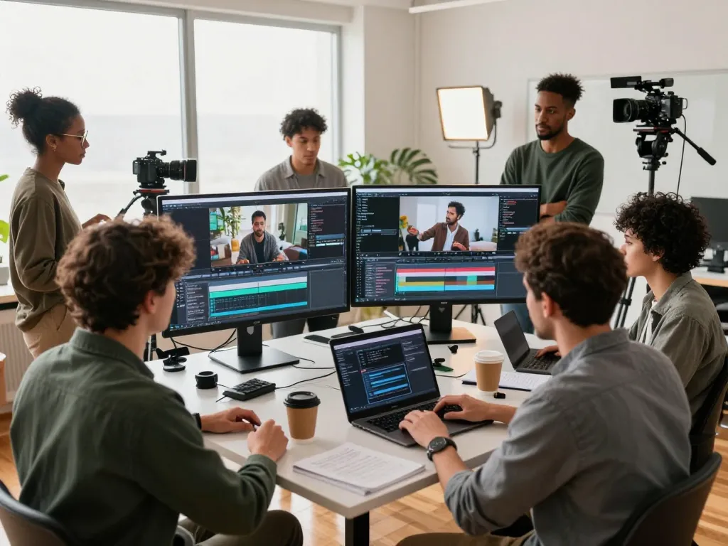 Team collaborating in a modern video production studio analyzing video to prompt.