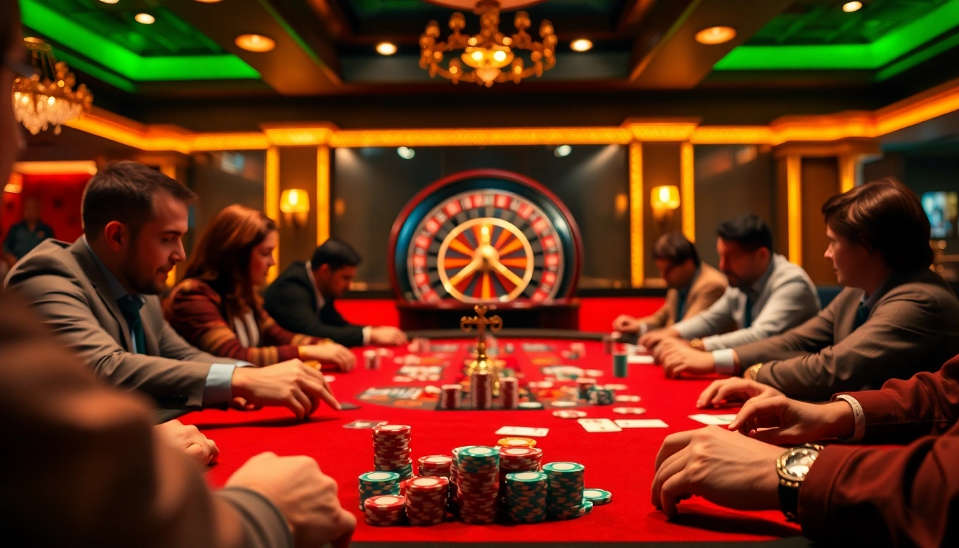 Casino Pay N Play experience captured as players revel at a poker table with colorful chips and cards.