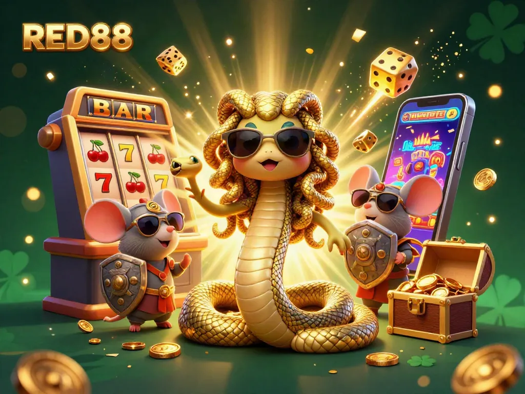 Experience excitement at RED88 with a dynamic jackpot scene featuring playful characters and slot machines.