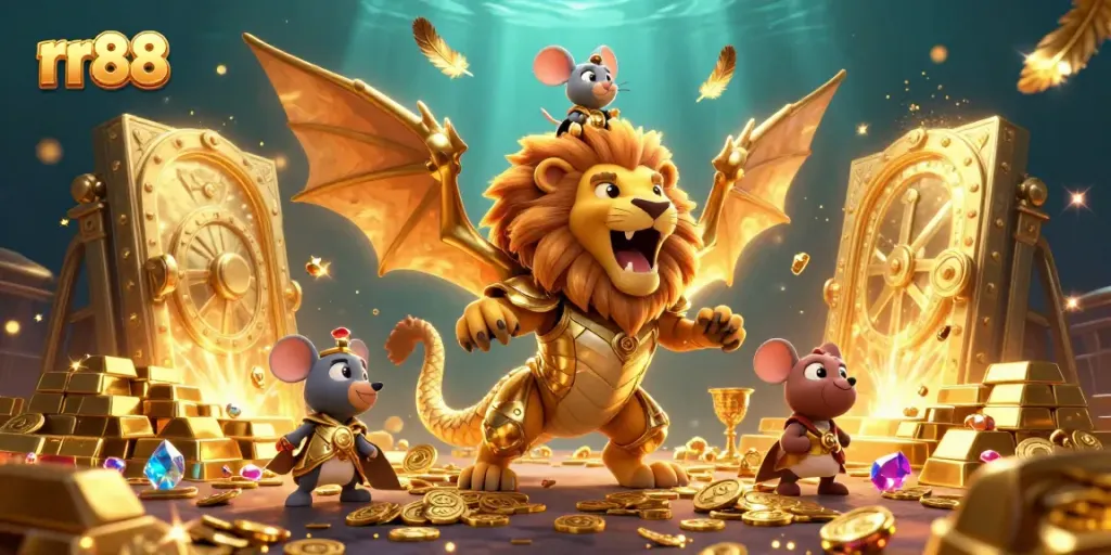 Win big with rr88 in this dynamic casino scene featuring a chimera and treasure.