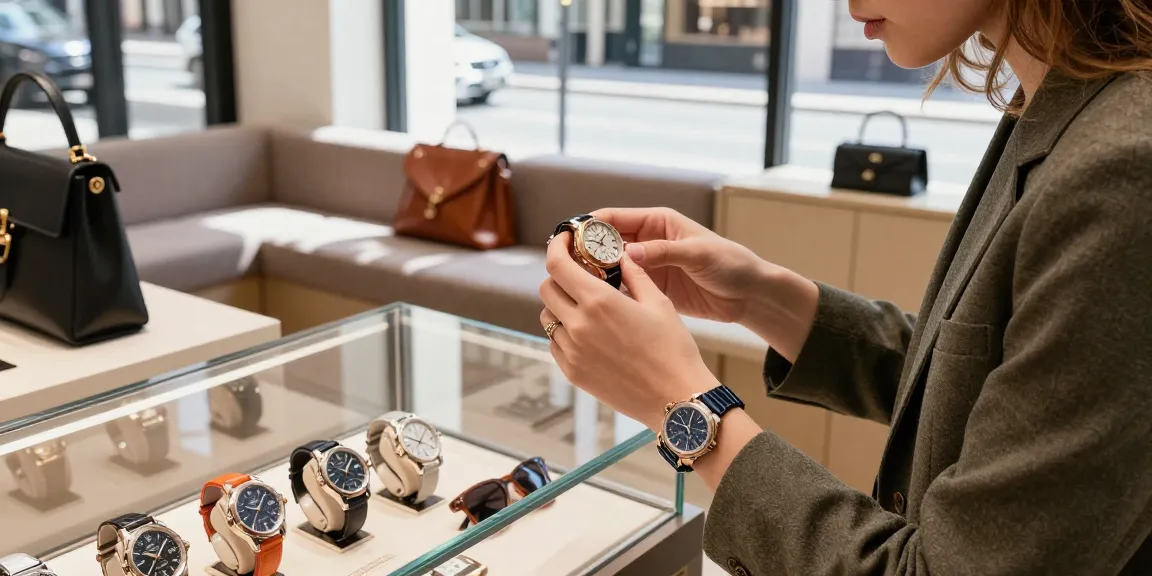 Person exploring super clone watches in a stylish boutique with vibrant displays and luxury accessories.
