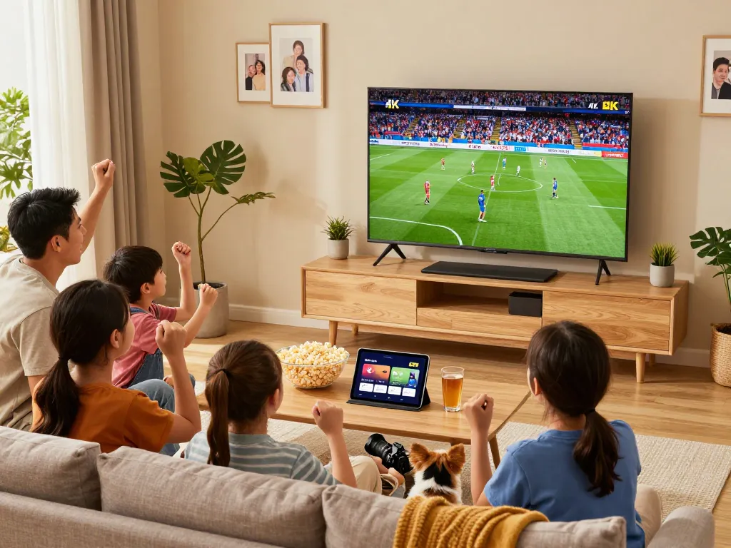 Enjoying Sky Glass IPTV with family in a cozy living room featuring 4K sports streaming.