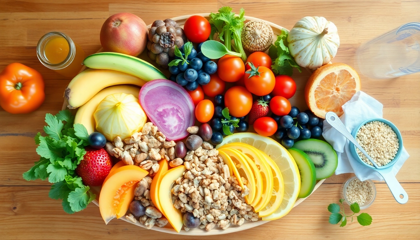 Delicious and colorful healthy food platter showcasing fresh fruits, vegetables, and grains.