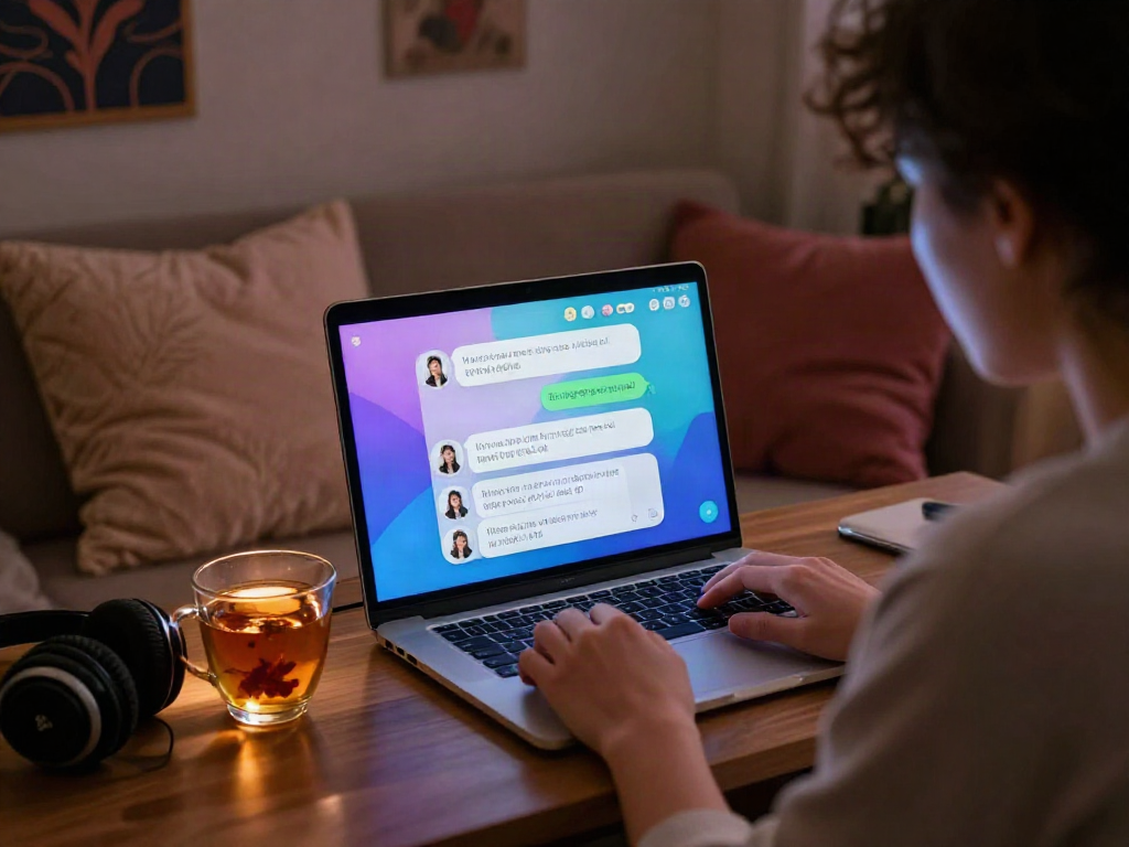 Engaging in a porn ai chat with a cozy atmosphere, showcasing technology and personal connection.