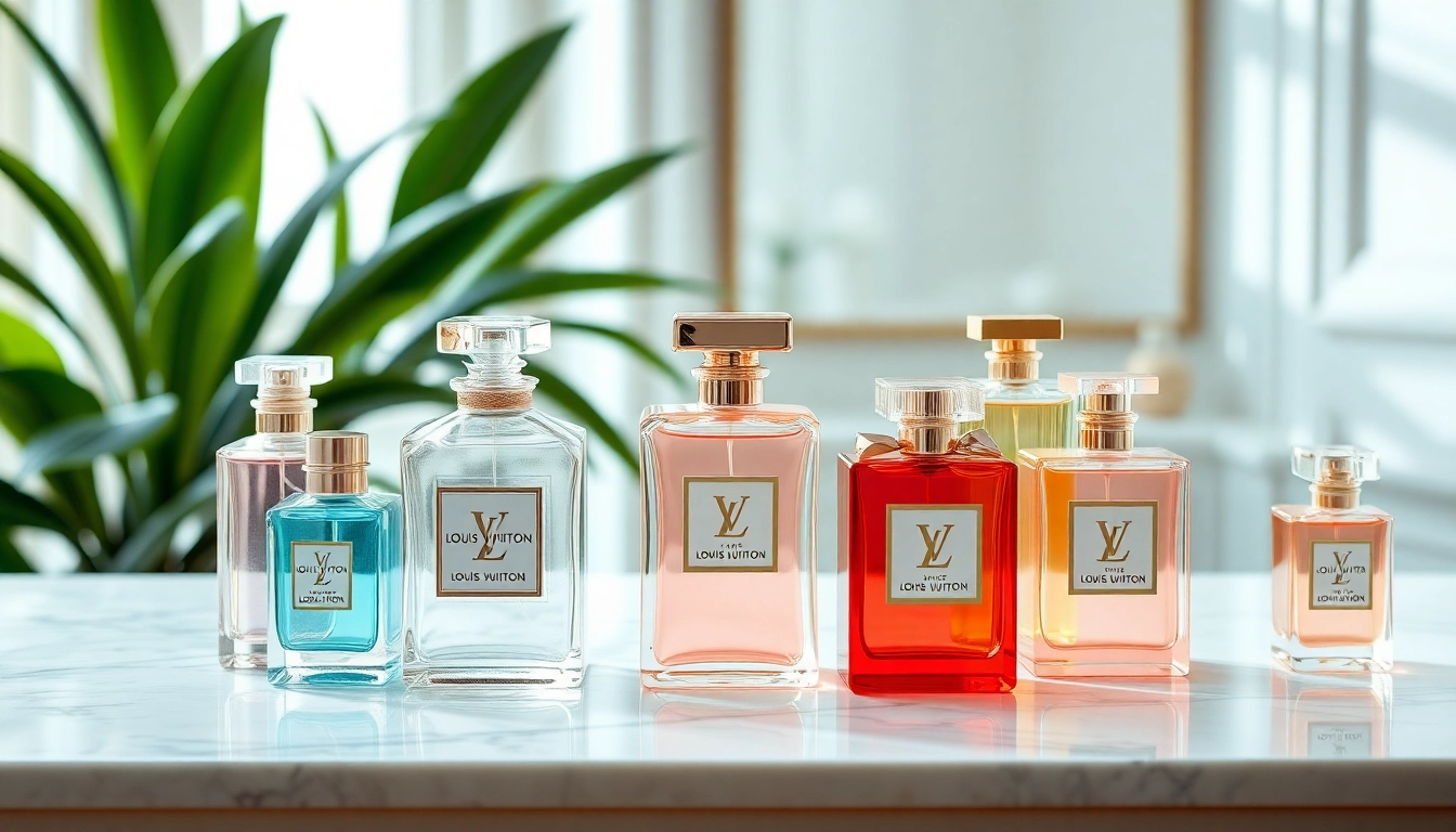 Showcasing elegant bottles of Louis Vuitton perfume dupes on a marble vanity.