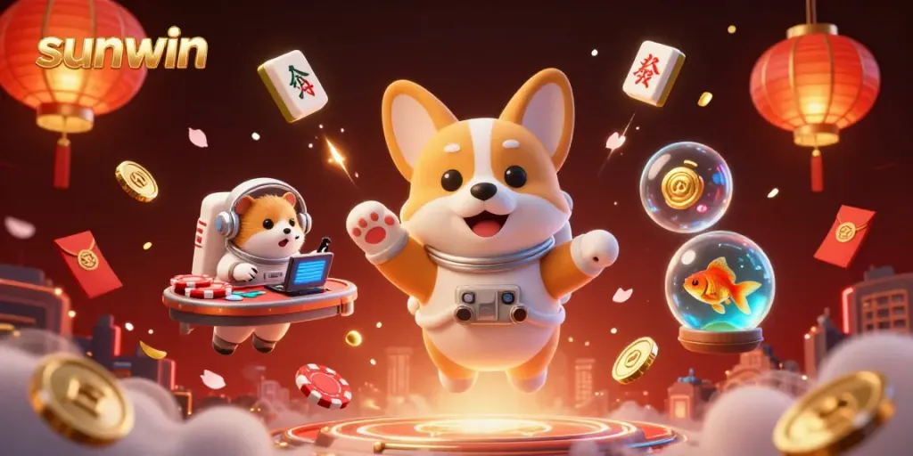 Experience the thrill of gaming with sunwin in a vibrant, zero-gravity casino scene.