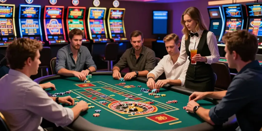 Exciting gameplay at a casino not on GamStop with a diverse group of players and colorful gaming elements.