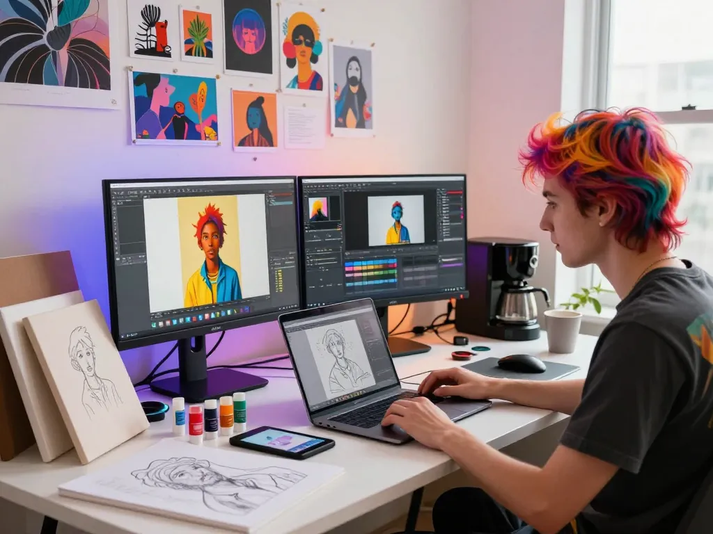 Artist using the Nano Banana 2 AI image editor in a colorful digital art studio, surrounded by vibrant designs and creative tools.