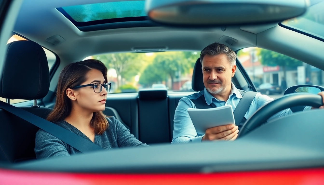 Learn automatic driving lessons Guildford with a professional instructor guiding a student in an urban car setting.