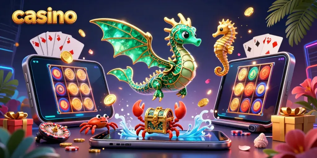 Engage with a vibrant casino concoction featuring a dragon, smartphone games, and treasure.