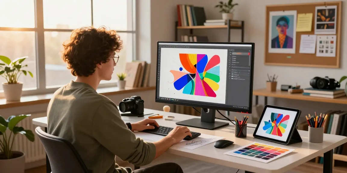 A creative professional using AI for NSFW content generation in a vibrant digital art studio, showcasing modern artistic tools and warm daylight.