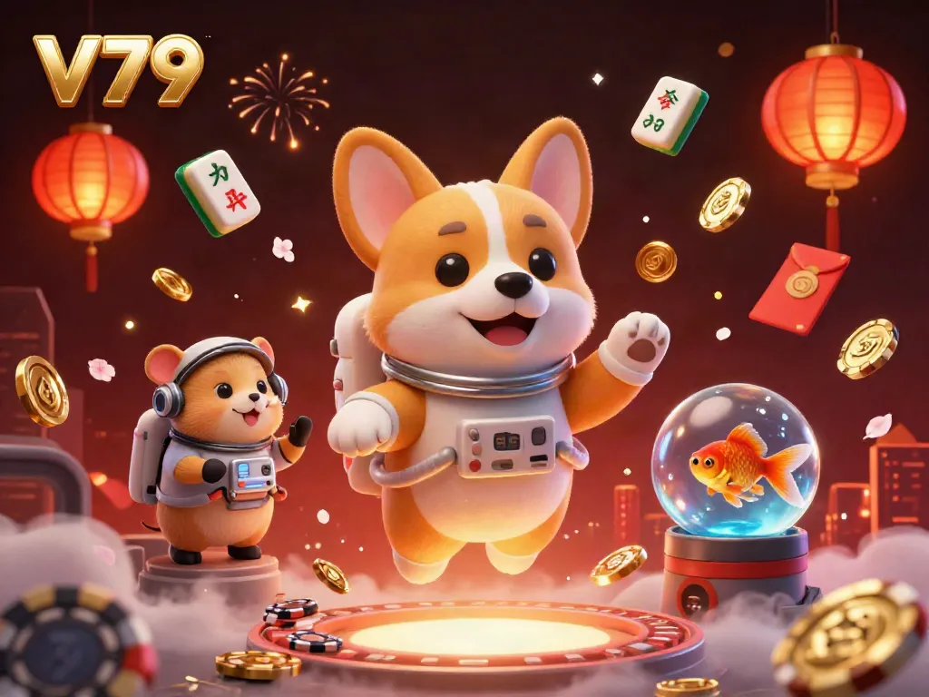 Engage in thrilling gameplay at V79 with a space-themed casino experience featuring an astronaut corgi and vibrant elements.