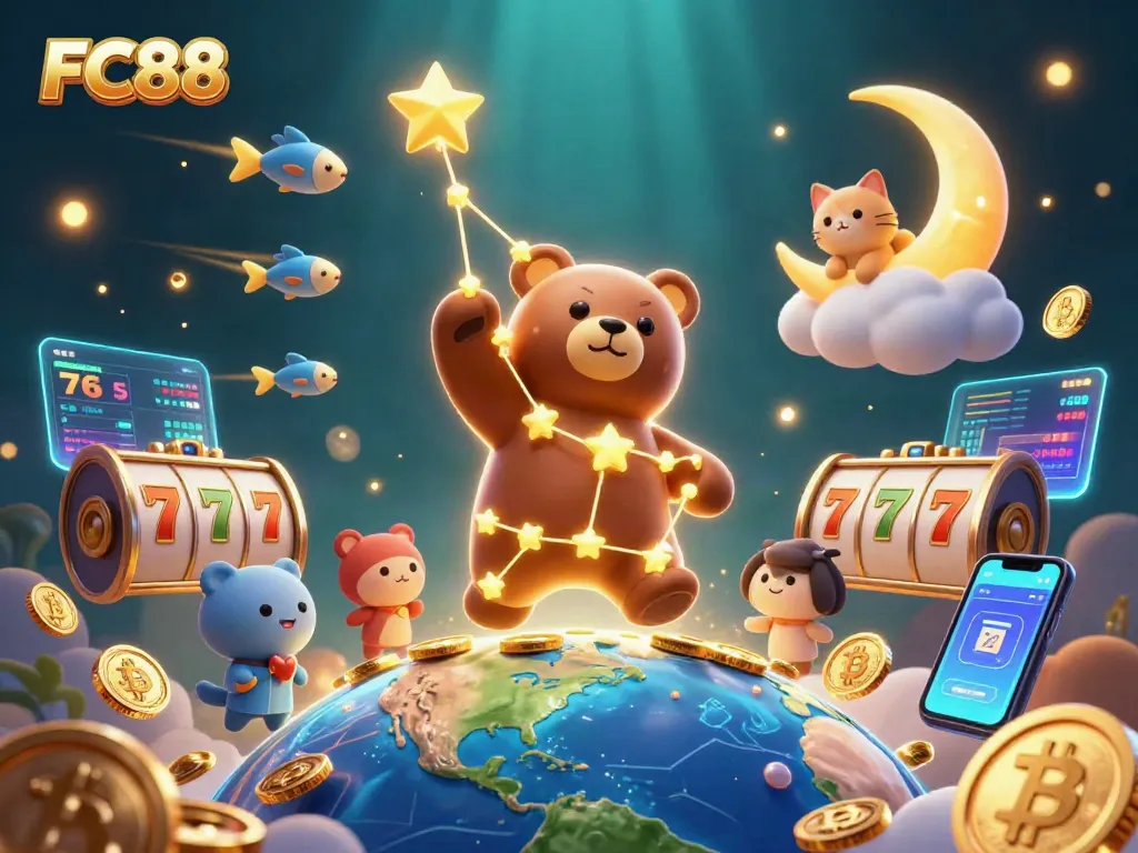 FC88 players enjoy a vibrant 3D casino scene filled with dynamic slot reels and glowing coins.