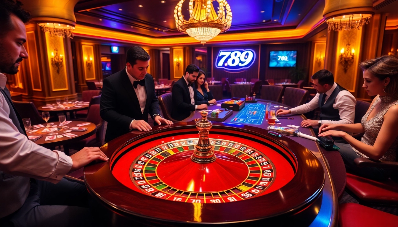 Engaging gamblers at the 789 club enjoying an exciting roulette game in a luxurious casino setting.
