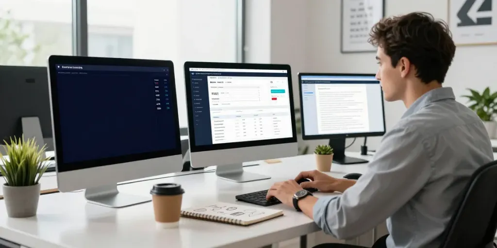 Workspace depicting instant indexing strategies with analytics on screens, showcasing productivity.