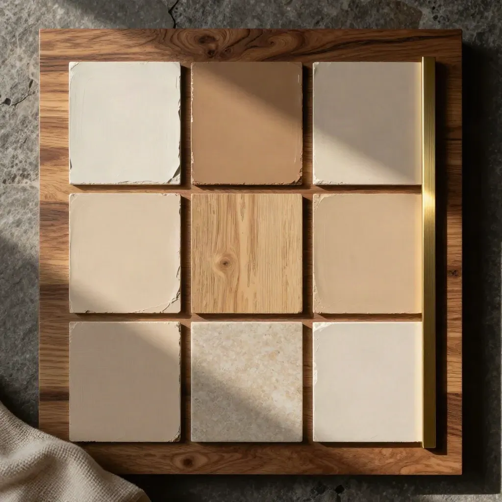 Top-down colour palette samples: plaster, paint swatches, linen, oak and stone on walnut.