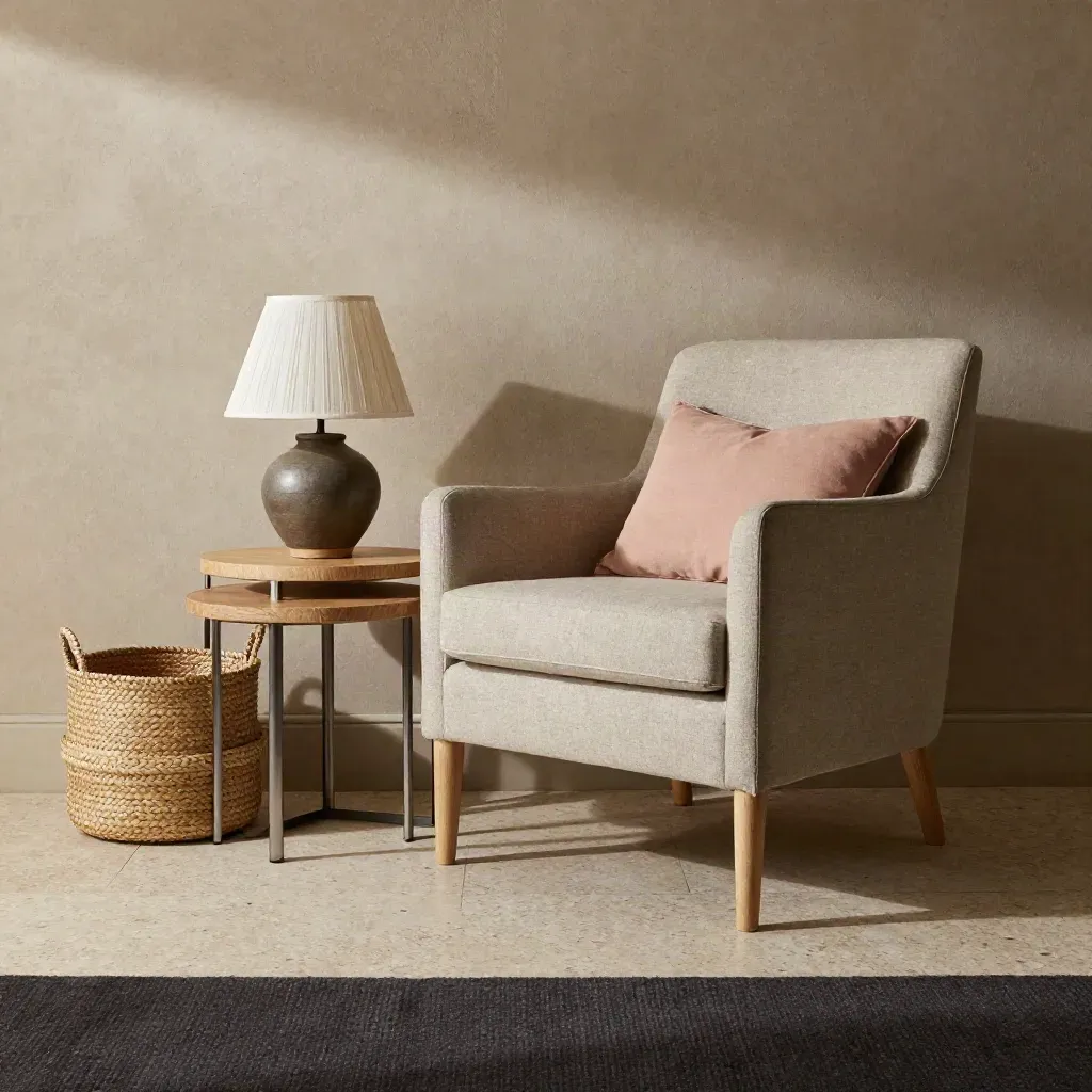 Compact armchair, nesting tables, basket and lamp in a small styled room fit check.