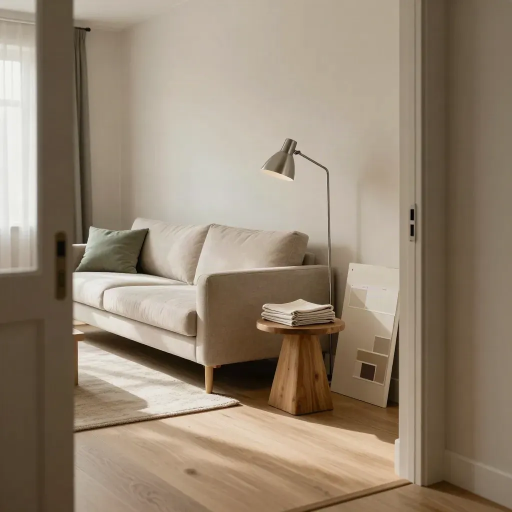 Compact lounge with sofa, lamp, rug edge and paint samples seen through a doorway in warm daylight.