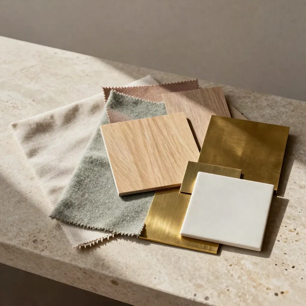 Mood board swatches and finish samples fanned on stone in warm editorial light.