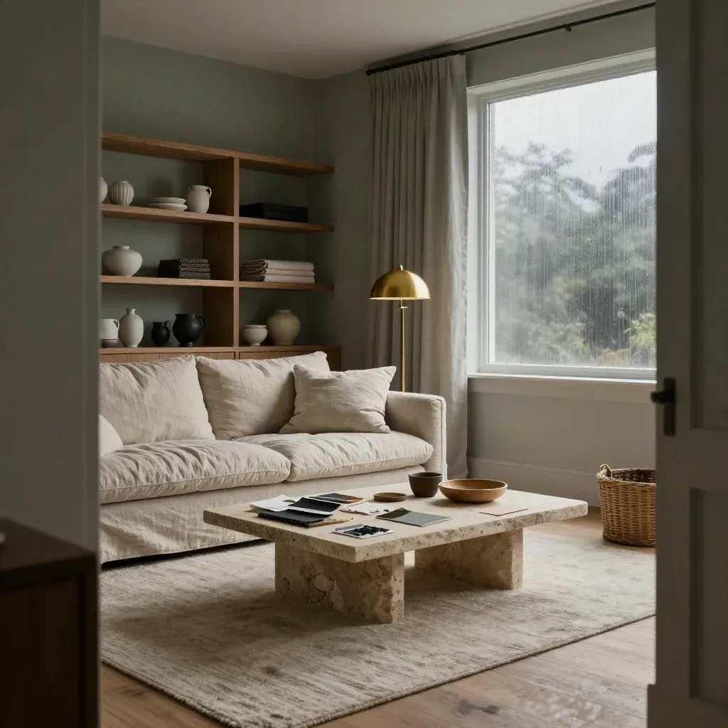 Moody Dream Houzz living room with linen sofa, oak shelving, brass lamp and stone coffee table.