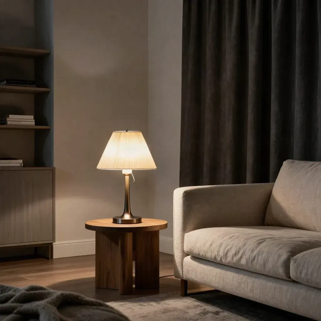 Moody living room lit by pendant, table lamp and warm bulbs with bronze base and haze