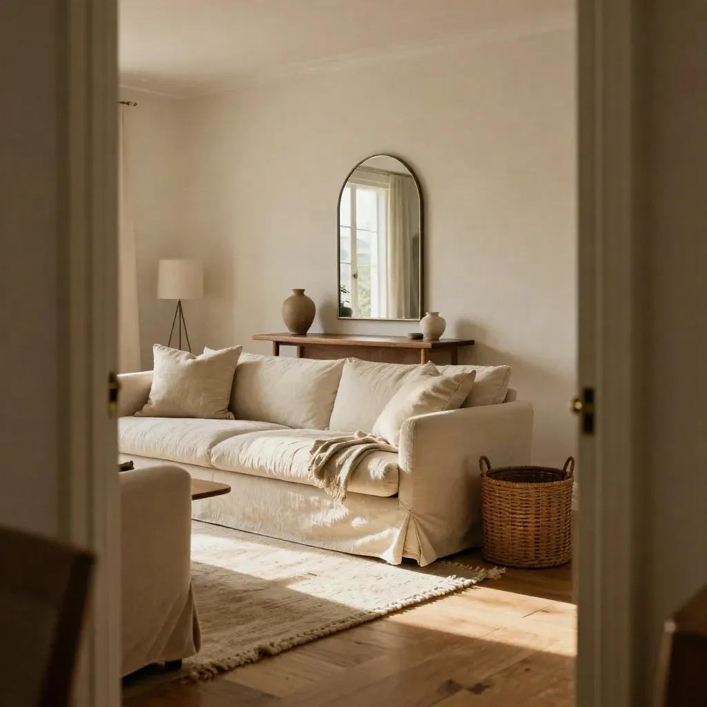 Threshold view of a refreshed living room with sofa, console, mirror, rug and ivory soft furnishings.